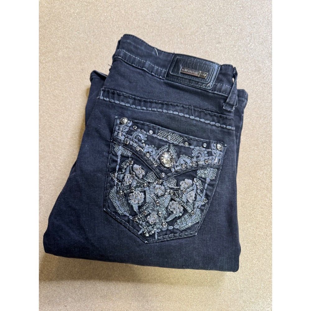 Sexy Couture Womens Black Bootcut Jeans Size 13 Embroidered Rhinestone Y2K Style
